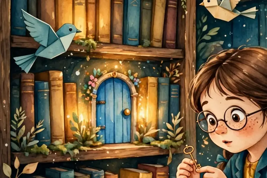 A child discovering a glowing blue door inside an enchanted library