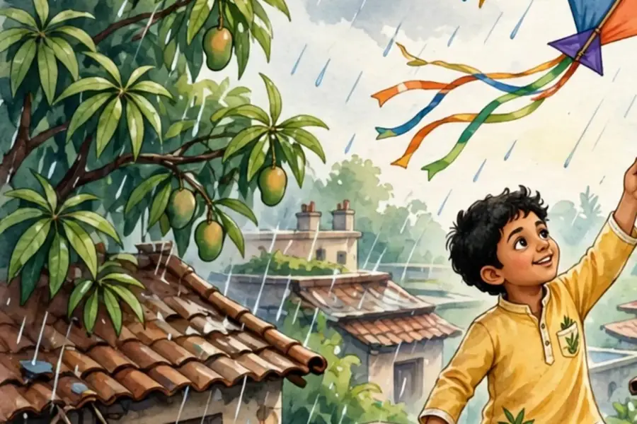 मानसून की बारिश के बाद रंगीन पतंग उड़ाता एक बच्चा