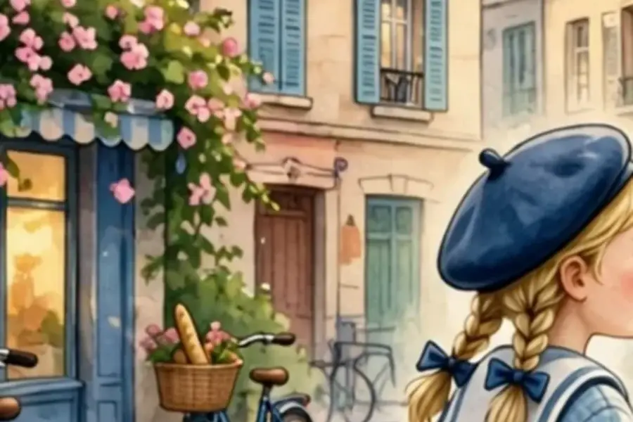 Une enfant suivant une piste de peinture bleue dans une rue parisienne