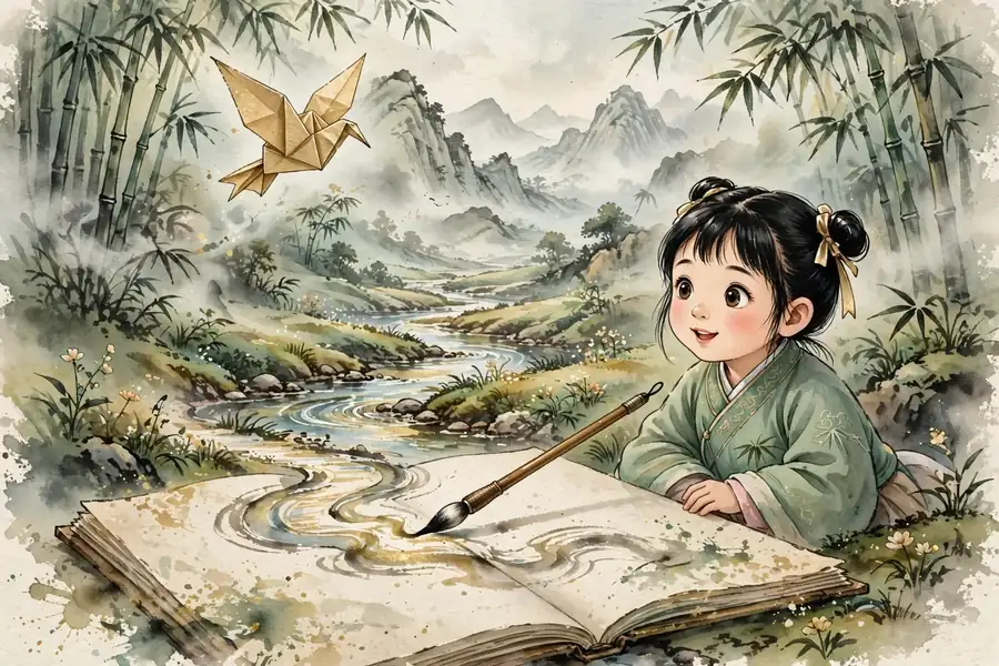 竹林边的女孩发现一支会画路的毛笔